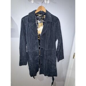 Dennis Basso Black Suede Trench Coat Chain Design Lining Belt Women's XL Y2K